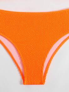 SHEIN Swim 女士紋理轉角前扭結無鋼圈泳衣套裝，適用於夏季海灘 - 橘色 - 查看 7