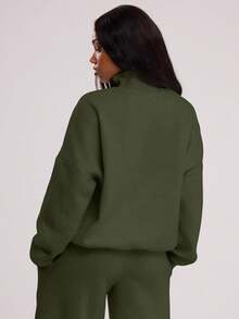 MUSERA Áo nỉ rộng rãi cổ kéo khóa ¼, kiểu dáng thường ngày, thích hợp cho sân bay, lễ tốt nghiệp, đi học, nghỉ đông xuân hè cho nữ. - xanh quân đội - Xem 5