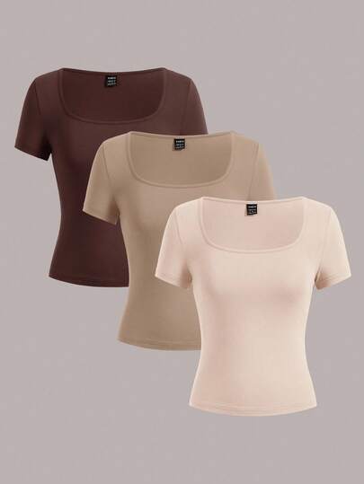 SHEIN EZwear 3pcs Women's Short Sleeve Cropped Casual Fitted T-Shirts, Suitable For Summer