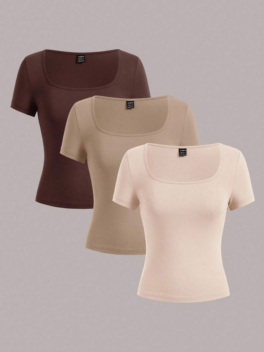 SHEIN EZwear 3 件女士短袖短款休闲修身 T 恤，适合夏季 - 彩色 - 查看 1