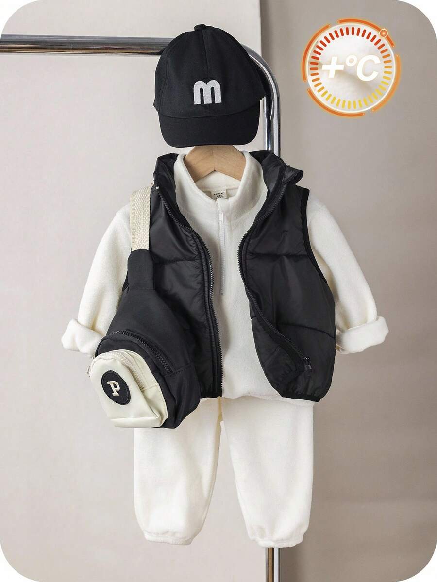 SHEIN 3件套男婴可爱百搭字母印花长袖卫衣+运动裤+保暖外套运动套装，男女宝宝秋冬服装 - 彩色 - 查看 1