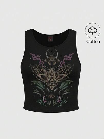 ROMWE Spring/Summer Black Graphic Gothic Dark Halloween Round Neck Moth Forest Nature Moon Sun Star Snake Mushroom Sleeveless Women Tank Top