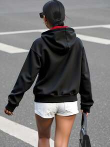 SHEIN Unity Letter Graphic Drop Shoulder Zip Up Hoodie Graduation,Back To School,Graduation,Teacher For Women,Back To School Fall Sweatshirt - Black - View 2