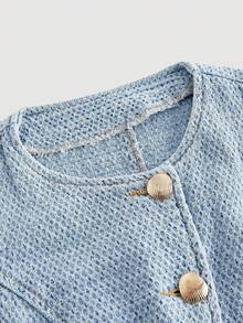 SHEIN MOD 女士圆领单排扣无袖牛仔上衣，秋季圣诞节优雅上衣，适合派对外出穿着。 - 淺色水洗藍 - 查看 3