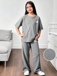 SHEIN 青少年女孩宽松舒适休闲简约圆领短袖 T 恤和裤子 2 件套 - 淺灰色 - 查看 9