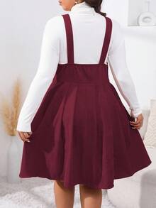 EMERY ROSE Đầm xòe xếp ly màu trơn thiết kế nút đơn giản cho nữ cỡ lớn, mùa thu - Màu Đỏ Sâu - Xem 2