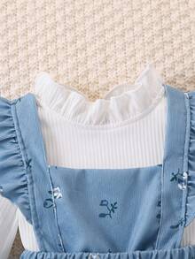 SHEIN 两件套女婴荷叶边领罗纹长袖白色高领打底衫和碎花灯芯绒连体裤套装，优雅休闲百搭，秋冬季女婴服装，秋冬季婴儿灯芯绒套装，复古婴儿套装，女婴背带裤套装，女婴小碎花灯芯绒背带裤，女婴秋季 - 彩色 - 查看 8