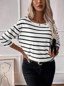 EMERY ROSE Striped Print Drop Shoulder Tee Graphic Tees Women Tops