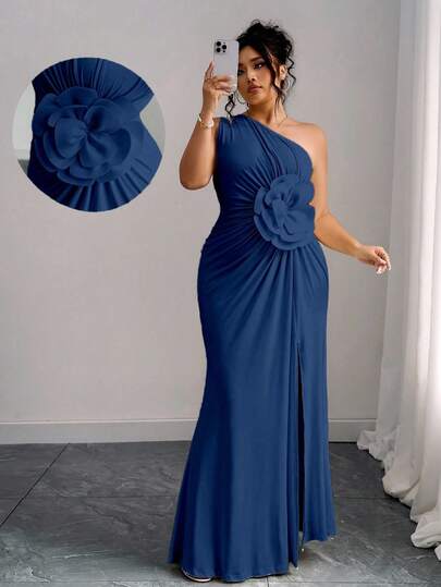 Elenzga Plusstorlek damklänning med sned krage och 3D-blommönster