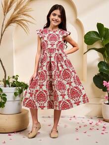 Tween Girl Floral Print Pattern Cap Sleeve Waist Gathered Long Dress