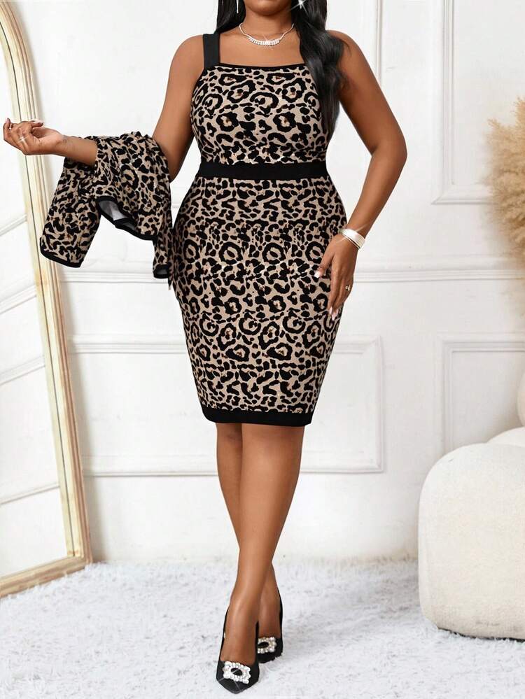 SHEIN Lady Elegancki damski zestaw z nadrukiem w panterkę w dużych rozmiarach, dzianinowy, jesienny, sukienka z nadrukiem w panterkę, zimowy zestaw damski, spódnica z nadrukiem w panterkę, dwuczęściowy zestaw z nadrukiem w panterkę - Wielokolorowe - Zobacz 3