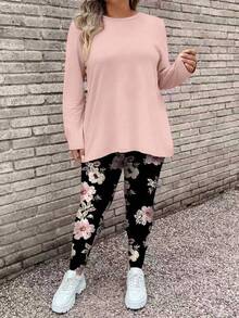 EMERY ROSE 2 件套大码女式花卉图案粉色长袖上衣和瑜伽裤套装，适合秋冬季 - 藕粉色 - 查看 4