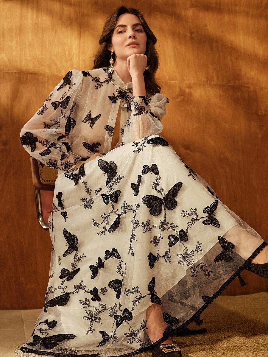 Anewsta Damset med fjärilsbroderad meshblus och kjol med lanternärmar - Aprikos - Visa 1