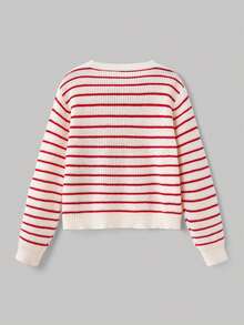 SHEIN MOD Plus Size Women's Red & White Striped Cherry Embroidery Sweater,Autumn And Winter Matching Pullover Sweater, Cute Cherry, Red And White Striped Sweater Fall