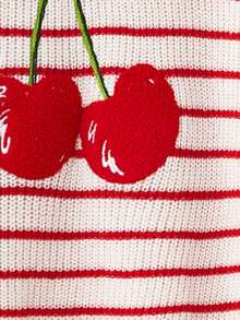 SHEIN MOD Plus Size Women's Red & White Striped Cherry Embroidery Sweater,Autumn And Winter Matching Pullover Sweater, Cute Cherry, Red And White Striped Sweater Fall
