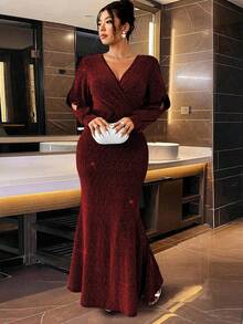 Cravure Christmas Sparkling Rhinestone Embellished Waist Mermaid Dress, Elegant & Fashion For Party Maxi Women Outfit - Red - View 5