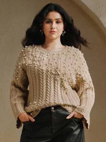 Anewsta Khaki Round Neck Loose Asymmetrical Hem Flared Sleeve Pearl Knit Sweater, Casual Elegant Chic For Fall, Autumn, Winter, New Year