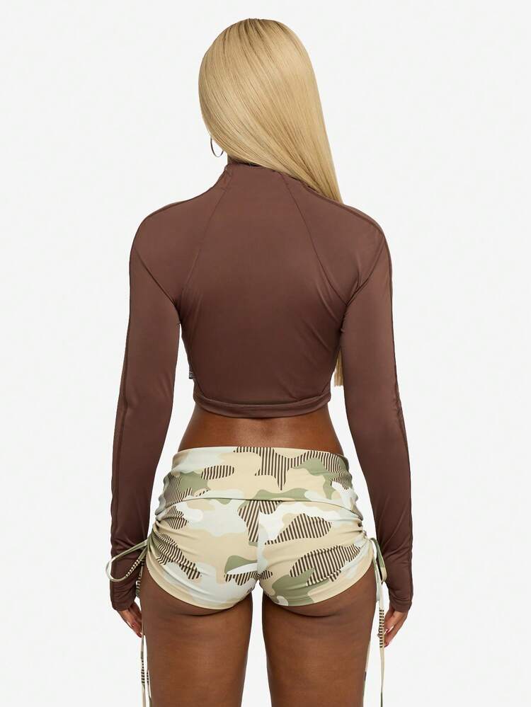 SUMWON Fitted Long Sleeve Zip Up Crop Top High Neck Brown Activewear Track Jacket