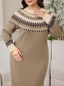 Modelyn 大码几何图案针织连衣裙，秋冬休闲装 - 薄荷綠 - 查看 6