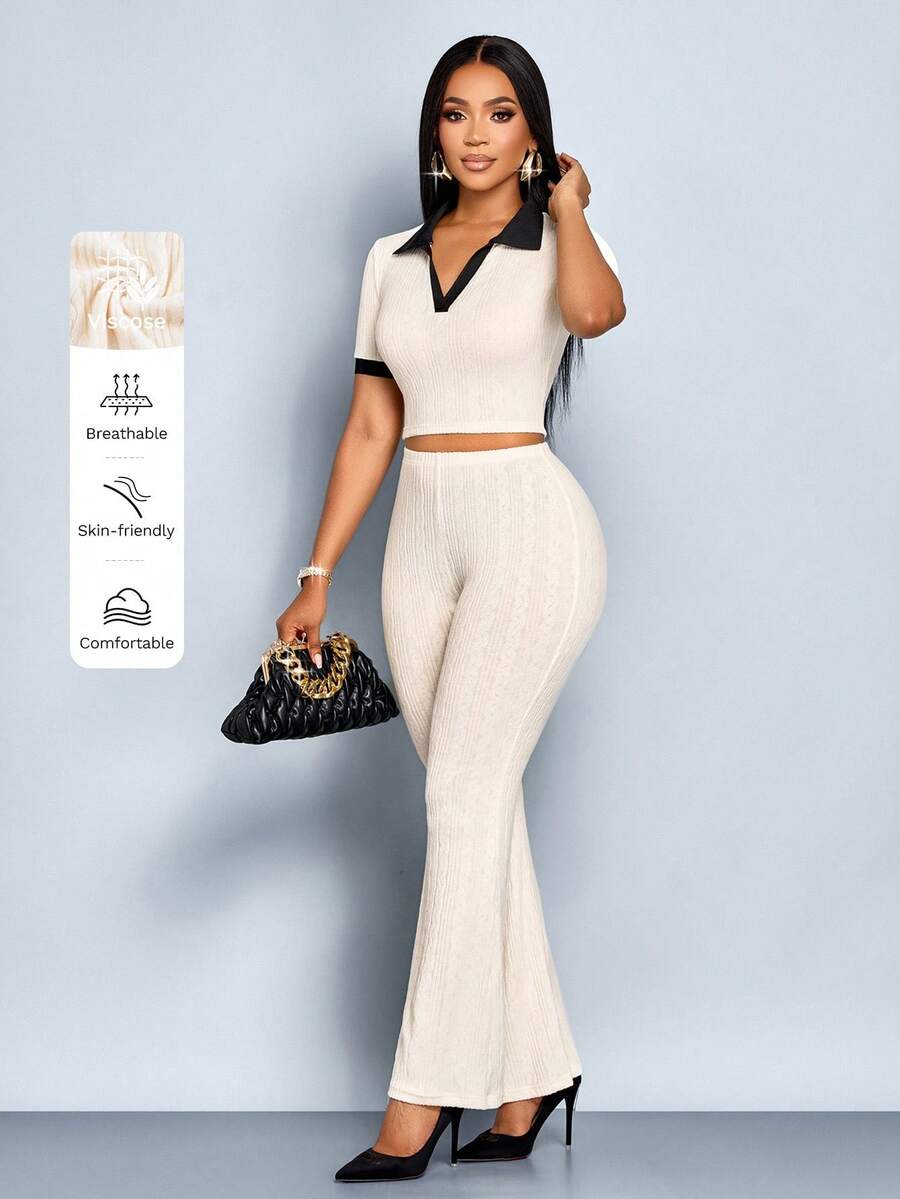 SOLERSUN Autumn And Winter Women's Wear Daily Leisure Commuting Apricot Knitted Velvet Jacquard Fabric Short Sleeves Polo Neck V Neck Collar And Cuffs Contrast Color Flared Pants Suit Fitted Two Pieces Suit Fall Cloth For Women