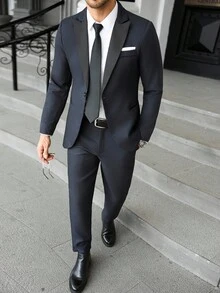 Calvornis 男士商务休闲翻领长袖夹克和裤子套装