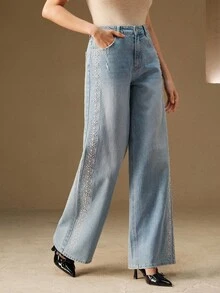 Anewsta Pantaloni a zampa larga con patchwork in pizzo lavato blu, adatti per autunno, inverno, uscite, eleganti, formali, feste, chic, Capodanno, abiti invernali da donna, Natale, lavoro, laurea, matrimonio, abbigliamento invernale da donna - Blu - Visualizzare 5