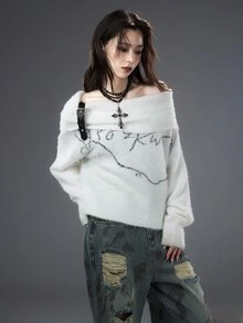 Bloopia 韩版休闲宽松青春女装秋冬万圣节新款字母提花时尚皮扣装饰斜肩露肩超大高领宽松针织毛衣 - 白色 - 查看 3