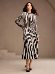 Women's Knitted Colorblock Ribbed Layered Dress - Black and White - View 4