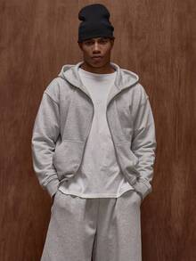 Musero Oversized Premium Boxy Double Pocket Jersey Double Zip Through Hooded Jacket Fall/Autumn Winter - Grey - View 1