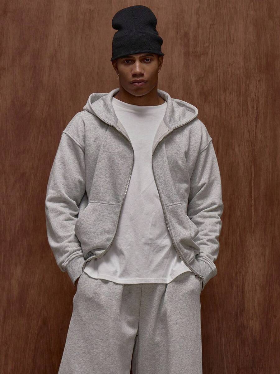 Musero Oversized Premium Boxy Double Pocket Jersey Double Zip Through Hooded Jacket Fall/Autumn Winter - Grey - View 1