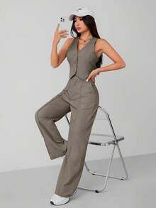 SHEIN PETITE 女士单排扣背心和裤子正式商务套装，夏季秋冬 - 摩卡棕 - 查看 4