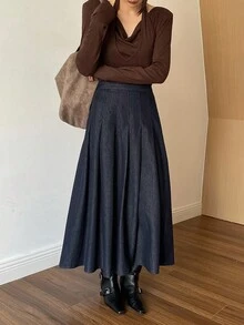 DAZY Women's Elegant Pleated Denim Skirt Fall/Winter - Dark Wash - View 5