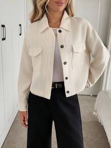 Easowa Veste décontractée ample et élégante pour femmes, avec col, boutons devant, poches, longueur courte, en tissu jacquard tweed pour l'automne/hiver - Nude - Voir 4