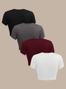 SHEIN BASICS 4pcs/Set Casual Solid Color Knit Round Neck Short Sleeve Fitted Cropped Women T-Shirts