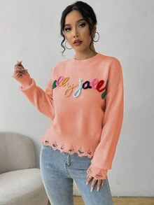 SHEIN LUNE Sweater Kasual Wanita dengan Bahu Longgar dan Kerah Bulat, Motif Huruf dan Grafis, Musim Gugur - Baby Pink - View 5