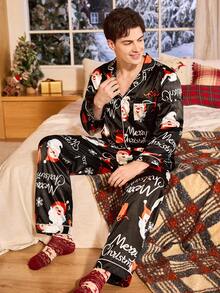 CoupledUp 圣诞老人印花仿丝绸男士睡衣套装，秋冬服装，圣诞节 - 黑色 - 查看 2