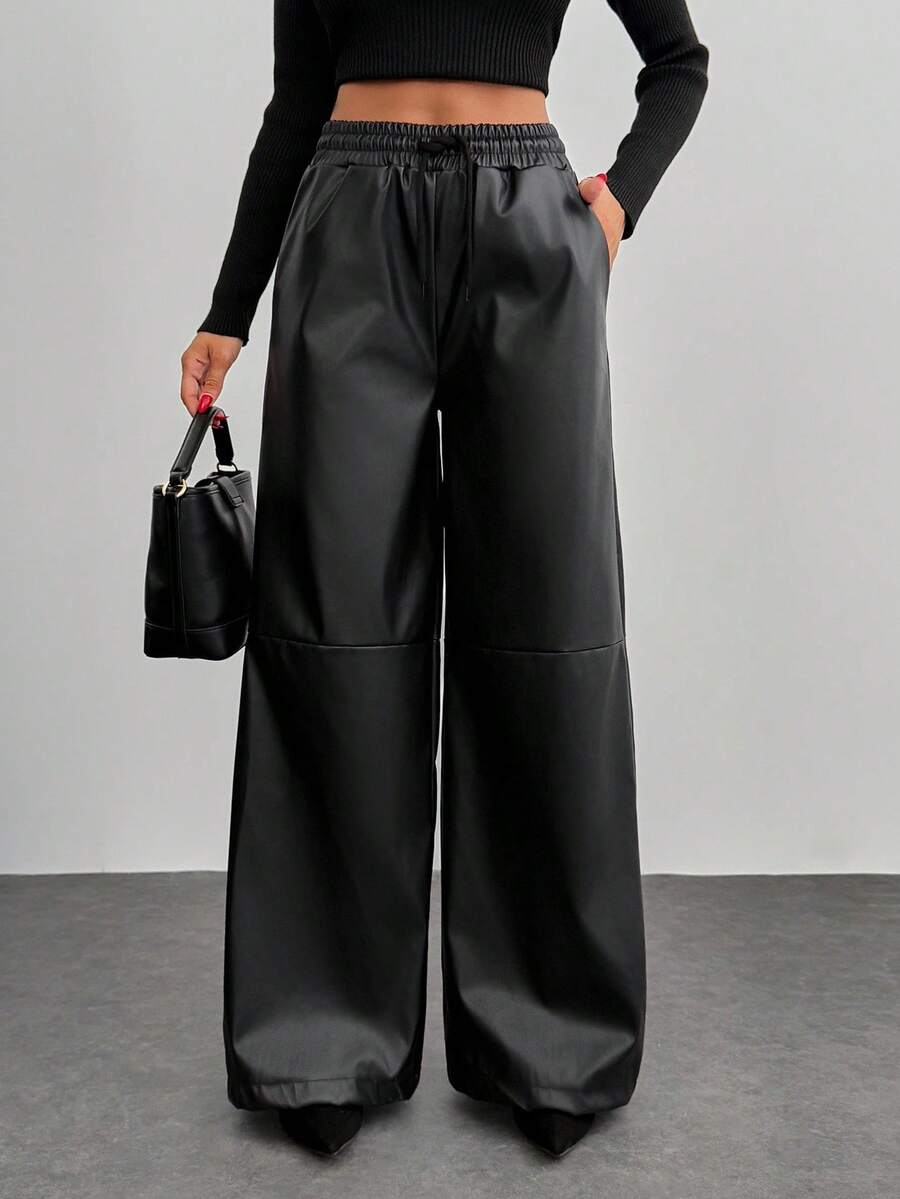 EURMUSE Solid Color, Pu Leather, Elastic Waist, Drawstring, Straight Fit Pants - Black - View 1
