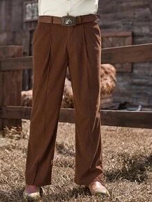 Manfinity Nomadique Men's Solid Color Pleated Straight Loose Casual Western Corduroy Wide Leg Pants, Outdoor Music Festival, Nightclub Bar, Boyfriend/Husband Gift, Anniversary Gift, Fall Winter - Brown - View 5