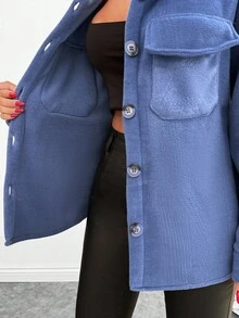 EURMUSE Flap Pocket Drop Shoulder Overcoat - Blue - View 3