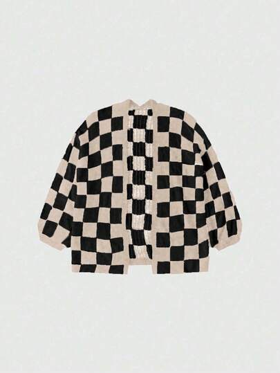 Sweetra Cárdigan de punto holgado de manga larga con estampado a cuadros, de estilo casual y abierto por delante, para mujer en otoño