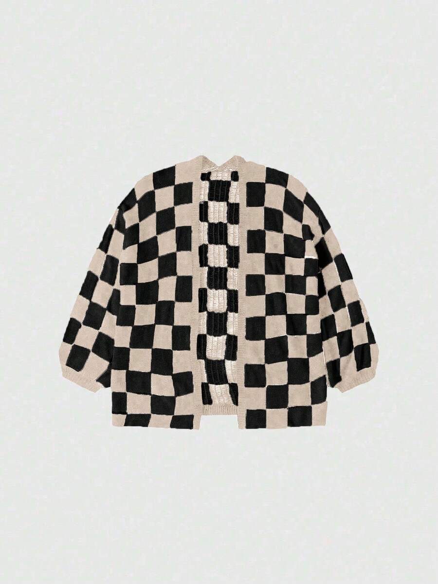 Sweetra Áo khoác cardigan dệt kim dáng rộng, dài tay, hở phía trước, họa tiết caro mùa thu dành cho nữ - Nhiều màu - Xem 1