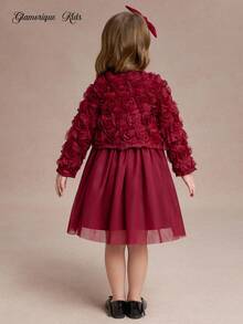 1 Set Burgundy Formal Dress With Short Jacket, 3D Rose Decor, Sleeveless Mesh Skirt, Wedding, Summer Traditional Christmas Party Dress For Young Girl - Burgundy - View 2
