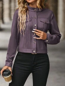 EMERY ROSE Áo khoác lửng màu trơn thường ngày, mùa thu - Màu tím hoa cà - Xem 5