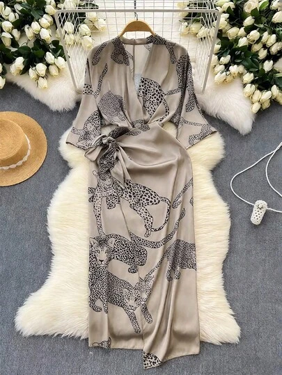GlowEve 女士优雅 V 领交叉领结豹纹动物印花长袖中长连衣裙，通勤、度假和四季皆宜