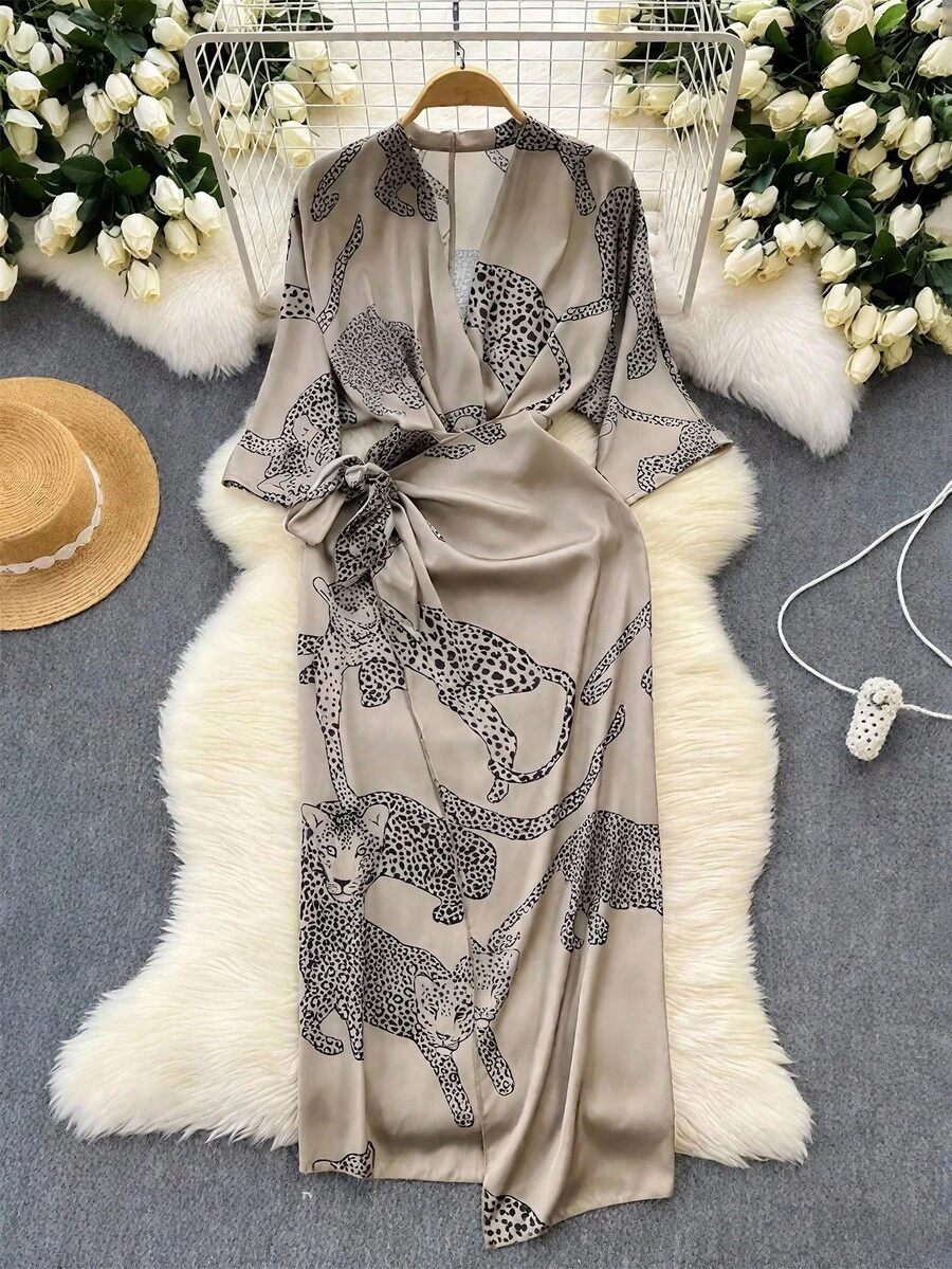 GlowEve 女士优雅 V 领交叉领结豹纹动物印花长袖中长连衣裙，通勤、度假和四季皆宜 - 彩色 - 查看 1