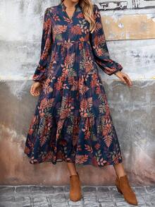 EMERY ROSE Women's Autumn Casual Botanical Print Notched Neck Midiwinter Dress - Multicolor - View 4