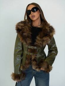 SHEIN ICON 女式秋冬保暖性感辣妹都市现代时尚前卫简约个性酷炫复古千禧风格 Y2K 拼接皮草大翻领修身绿蜡皮人造皮草大衣，秋季 - 綠色 - 查看 8