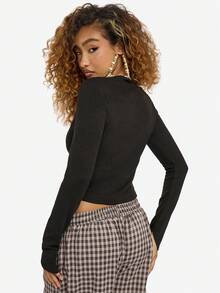 SUMWON WOMEN Cardigan negru, crop, cu mânecă lungă, cu fermoar și decolteu în V, model striat, toamnă-iarnă - Negru - Vizualizare 2