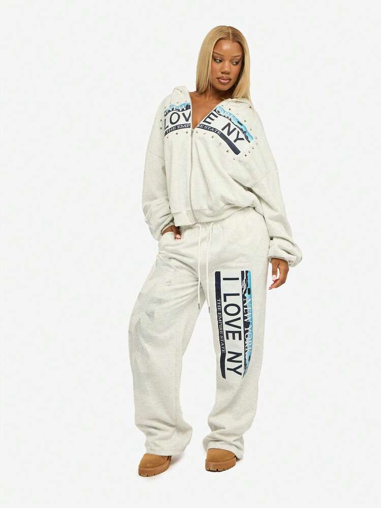 SUMWON sweat-shirt à capuche zippé orné avec imprimé "New York Love" et détails cloutés