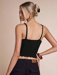 SHEIN BAE Camiseta de punto ajustada y corta con tirantes de perlas para mujer en otoño/invierno - Negro - Ver 2